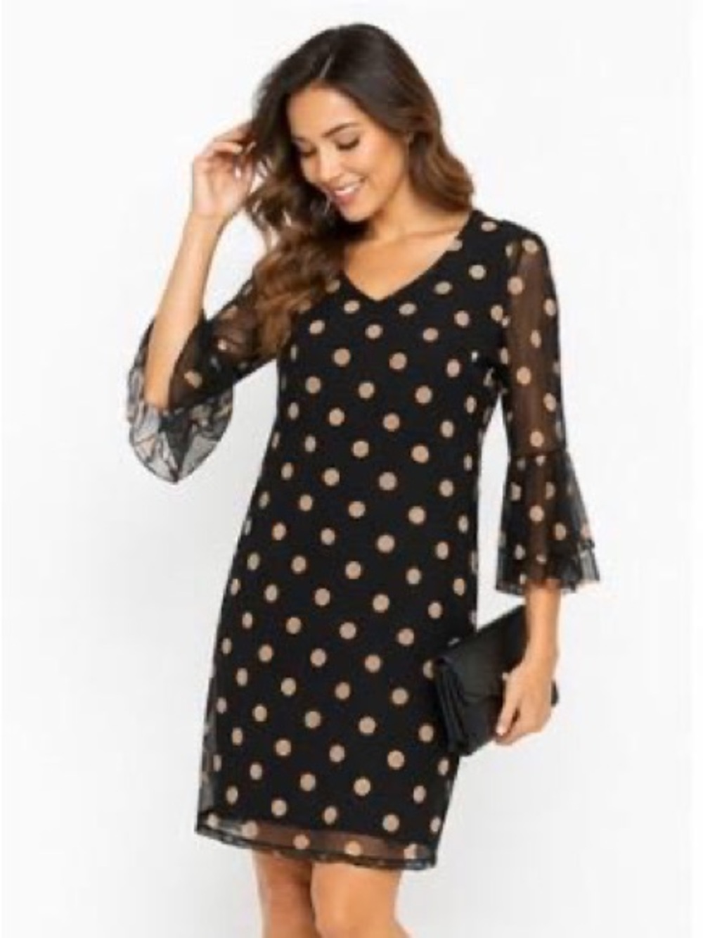 Allison Brittney Black and Tan Polka Dot Long Sleeve Dress